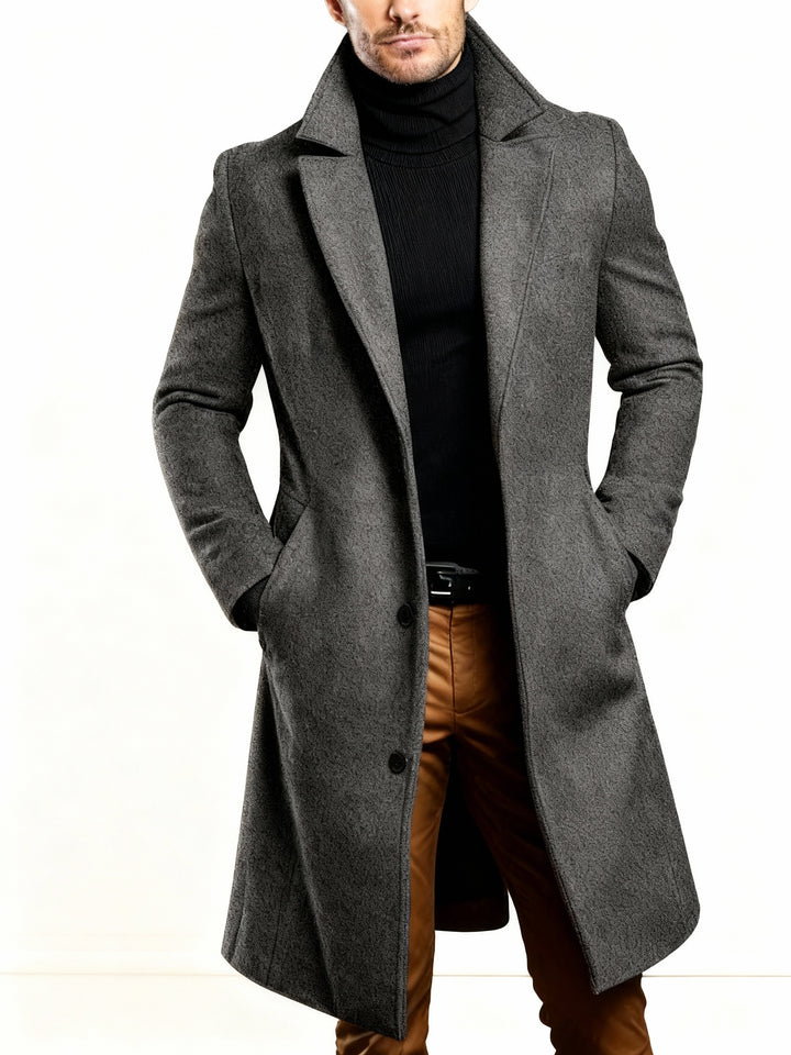 Trench Coat - Klassisk lång enkelknäppt trenchcoat i ull för män-Eva Jonsson