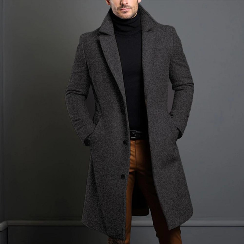 Trench Coat - Klassisk lång enkelknäppt trenchcoat i ull för män-Eva Jonsson
