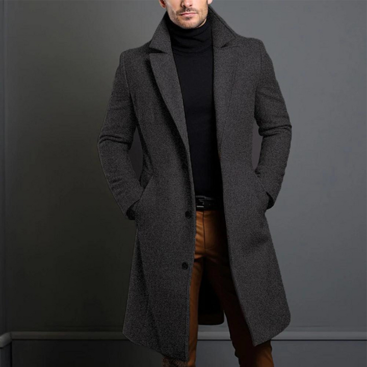 Trench Coat - Klassisk lång enkelknäppt trenchcoat i ull för män-Eva Jonsson