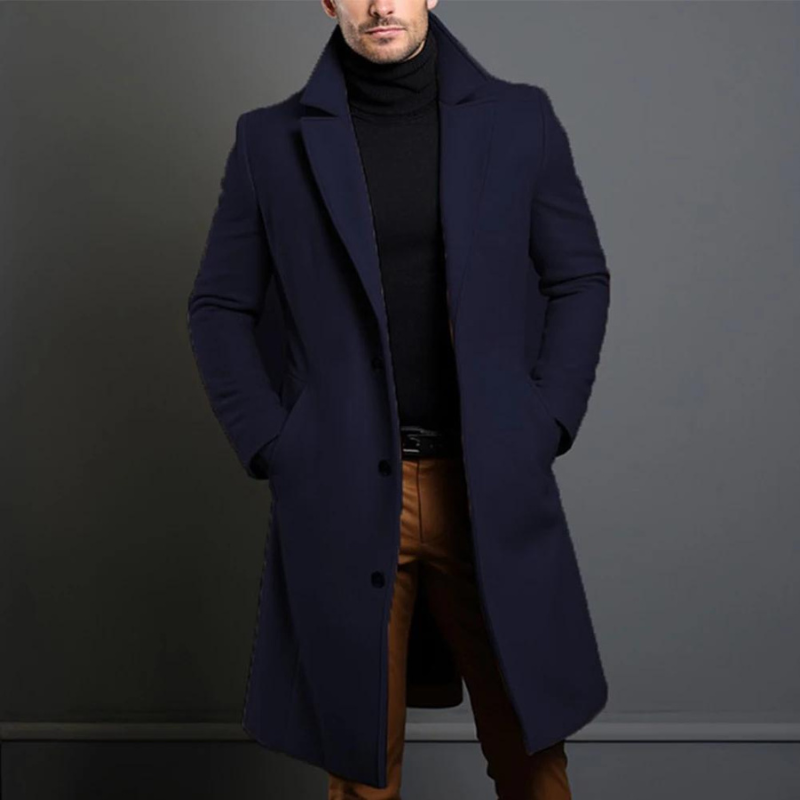 Trench Coat - Klassisk lång enkelknäppt trenchcoat i ull för män-Eva Jonsson