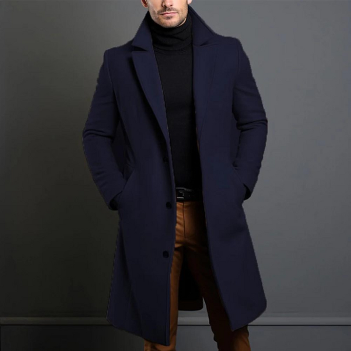 Trench Coat - Klassisk lång enkelknäppt trenchcoat i ull för män-Eva Jonsson