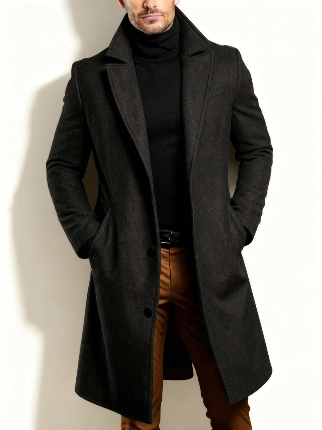 Trench Coat - Klassisk lång enkelknäppt trenchcoat i ull för män-Eva Jonsson