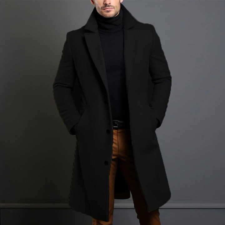 Trench Coat - Klassisk lång enkelknäppt trenchcoat i ull för män-Eva Jonsson