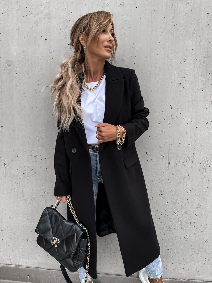 Trenchcoat i ull - Lång dubbelknäppt ullblandad kappa för kvinnor-Eva Jonsson
