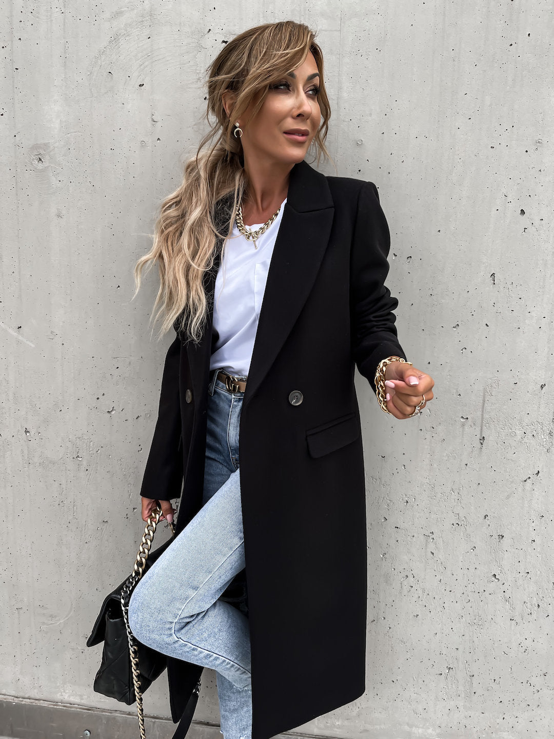 Trenchcoat i ull - Lång dubbelknäppt ullblandad kappa för kvinnor-Eva Jonsson