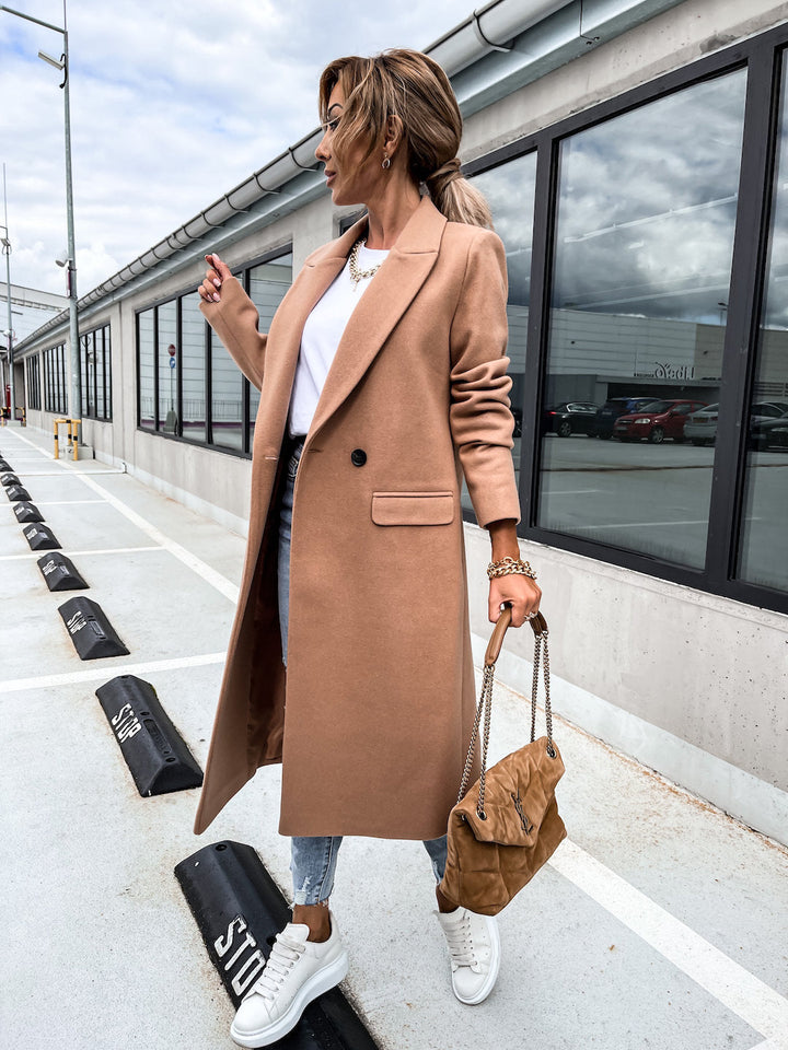 Trenchcoat i ull - Lång dubbelknäppt ullblandad kappa för kvinnor-Eva Jonsson