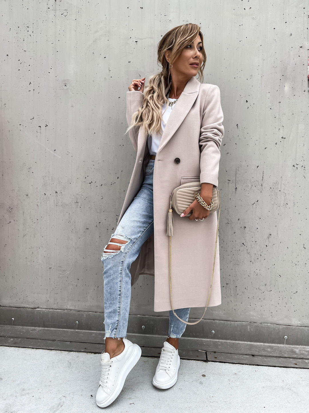Trenchcoat i ull - Lång dubbelknäppt ullblandad kappa för kvinnor-Eva Jonsson