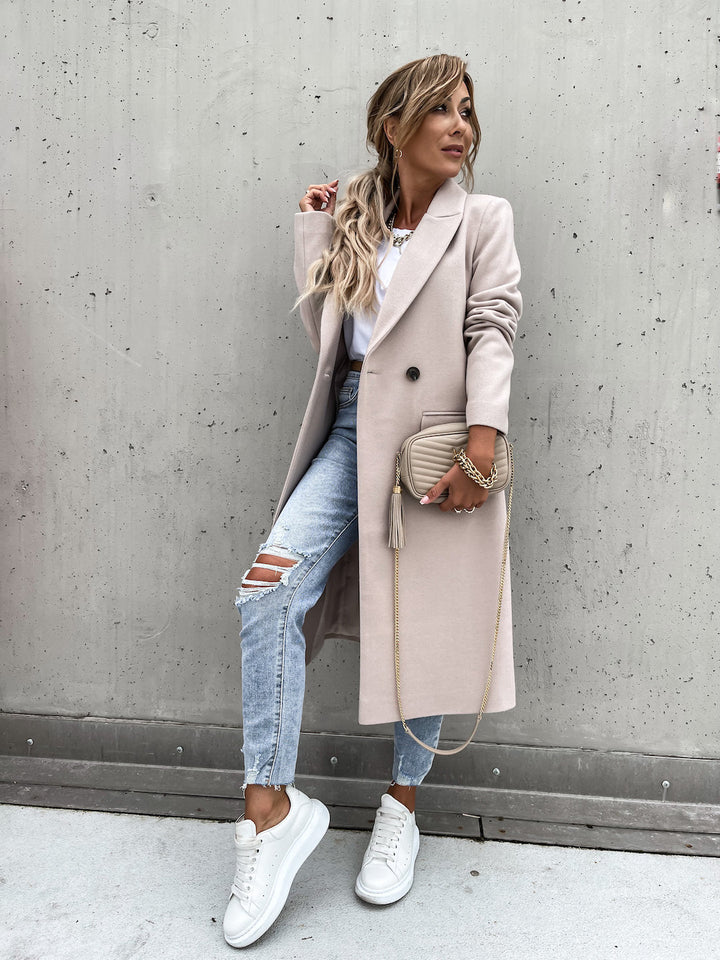 Trenchcoat i ull - Lång dubbelknäppt ullblandad kappa för kvinnor-Eva Jonsson