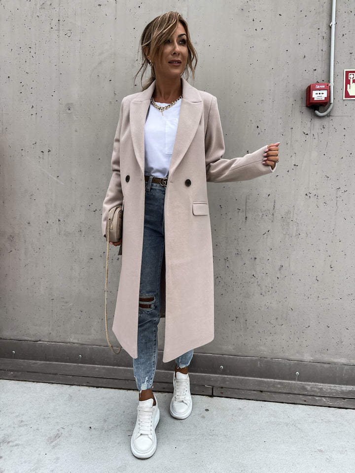 Trenchcoat i ull - Lång dubbelknäppt ullblandad kappa för kvinnor-Eva Jonsson