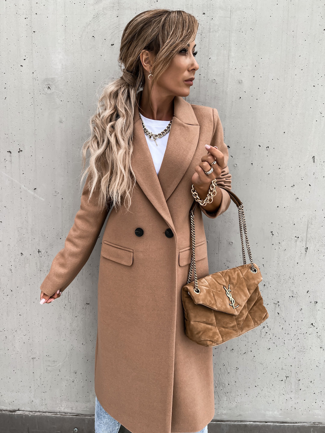 Trenchcoat i ull - Lång dubbelknäppt ullblandad kappa för kvinnor-Eva Jonsson