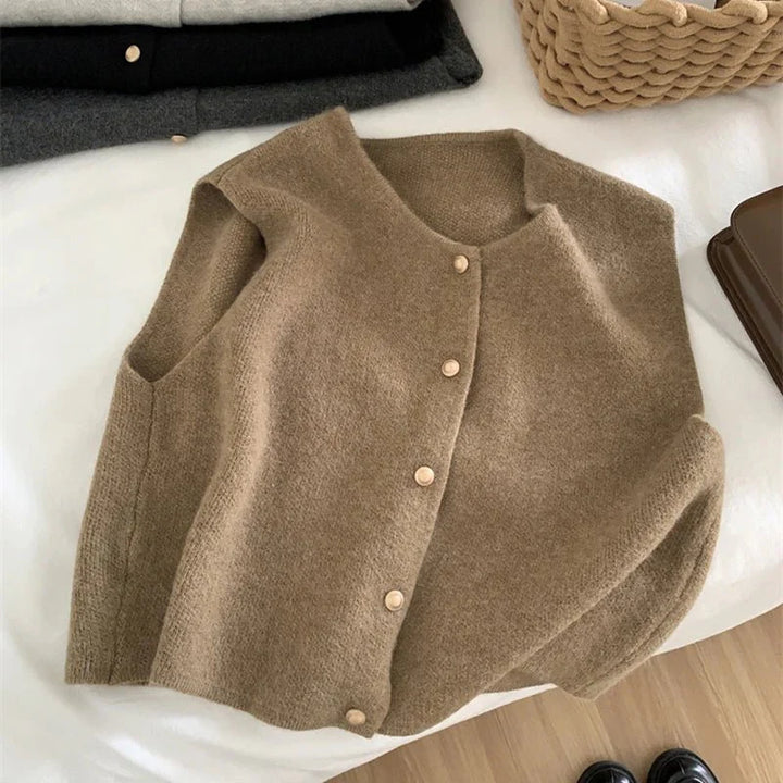 Tröja Vest - Ärmlös stickad gilet med knappar för kvinnor-Eva Jonsson