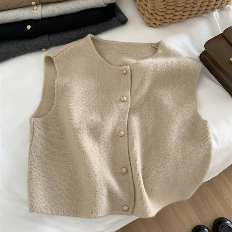 Tröja Vest - Ärmlös stickad gilet med knappar för kvinnor-Eva Jonsson