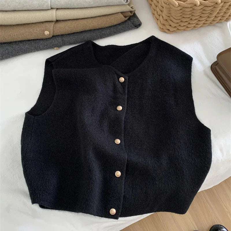 Tröja Vest - Ärmlös stickad gilet med knappar för kvinnor-Eva Jonsson