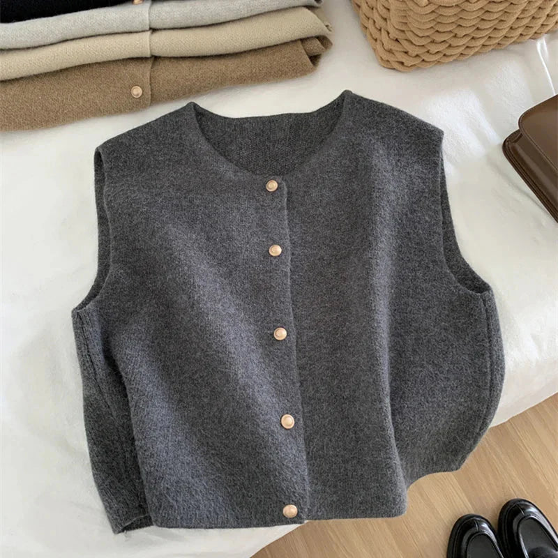 Tröja Vest - Ärmlös stickad gilet med knappar för kvinnor-Eva Jonsson
