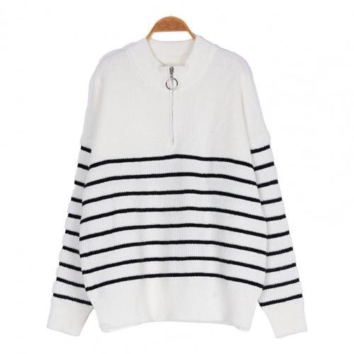 Tröja med halv dragkedja - Stickad - Randig - Pullover - Damstickat-Eva Jonsson