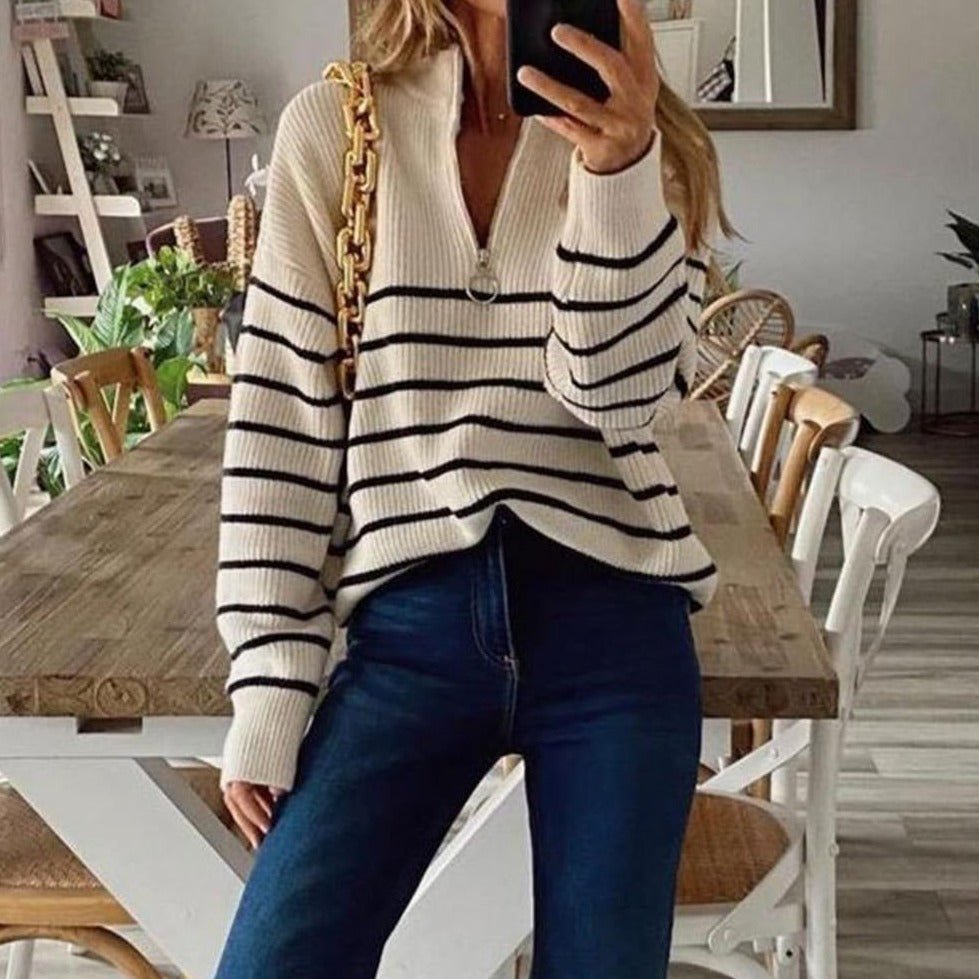 Tröja med halv dragkedja - Stickad - Randig - Pullover - Damstickat-Eva Jonsson