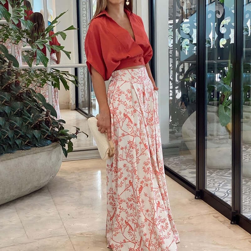 Tvådelat set | Blommigt | Kortärmad | Byxor med vida ben och topp | Co-Ord Set Women-Eva Jonsson
