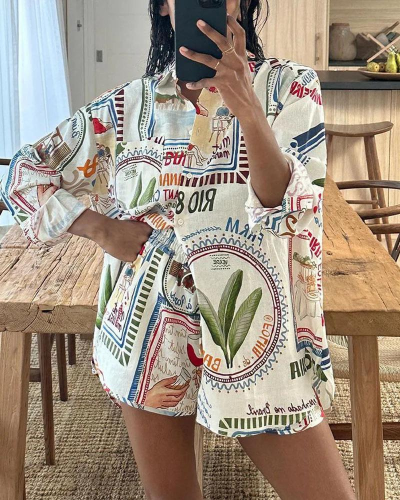 Tvådelat set | Tryckt | Oversized | Skjorta och shorts | Damkläder-Eva Jonsson