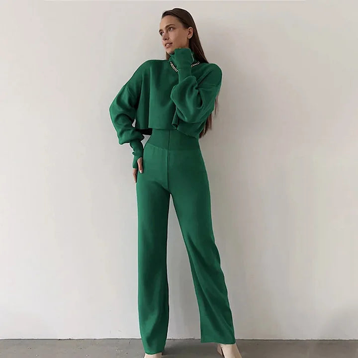 Tvådelat set i trikå - Sköldpaddshalsad byxa med hög midja och vida ben för kvinnor Co-Ord Set-Eva Jonsson