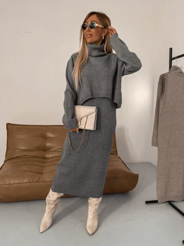 Tvådelat set i trikå - Turtleneck - Långärmad - Set med kjol och topp i trikå - Damkläder-Eva Jonsson