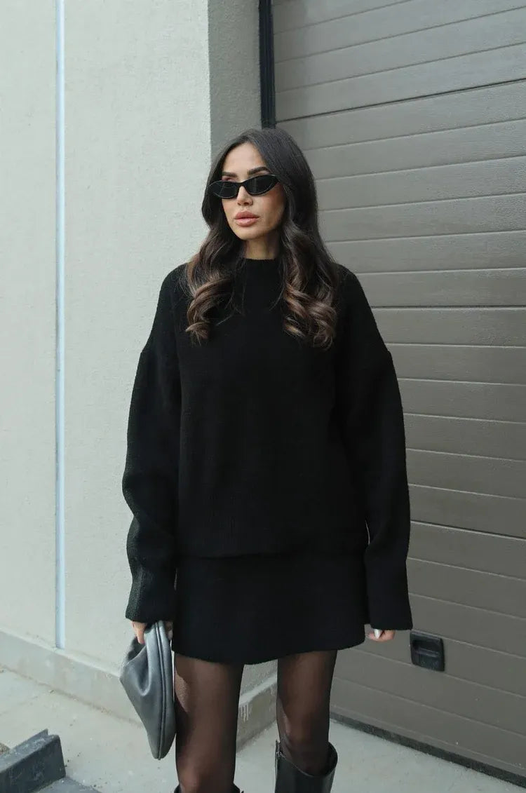 Tvådelat set – minikjol – jumper – stickad ensemble – damkläder-Eva Jonsson