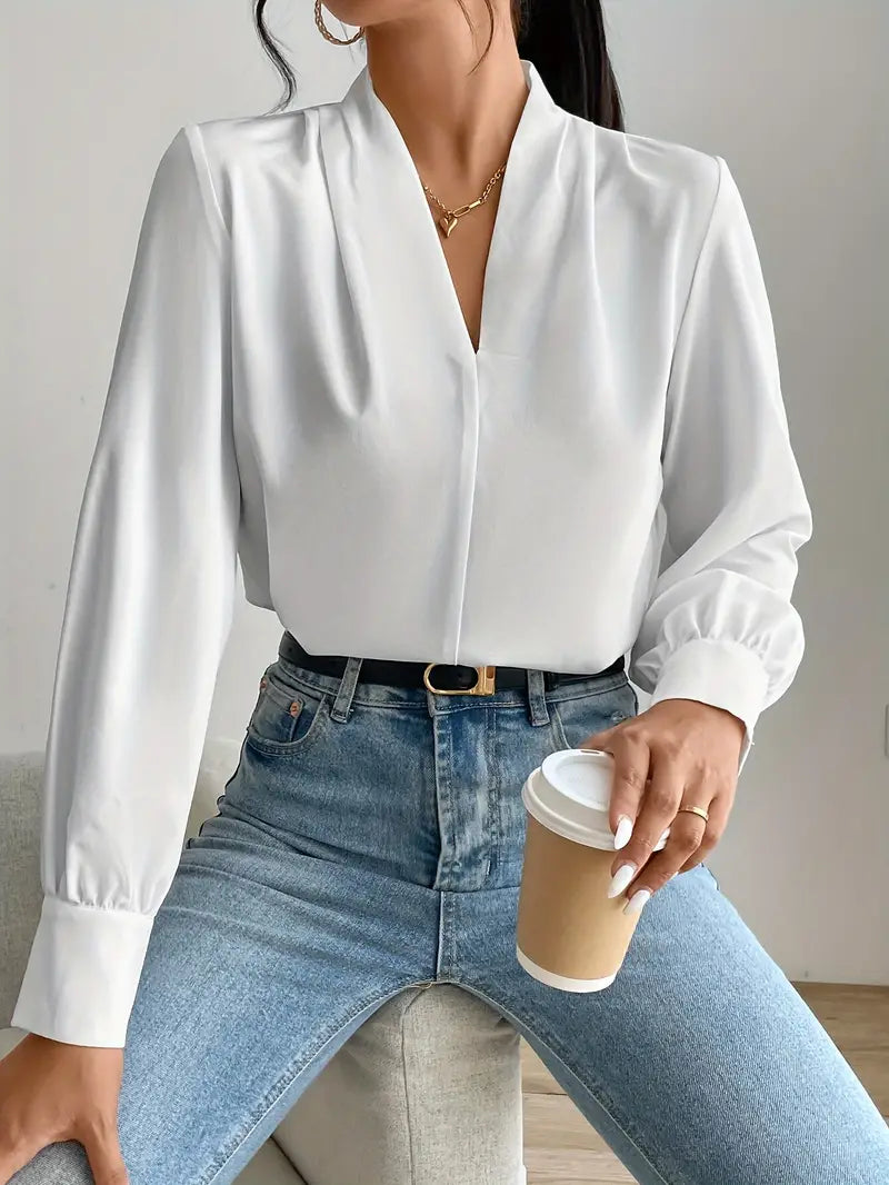 V-ringad Blus - Elegant för kvinnor - Lanternärm - Långärmade toppar - Blus för kvinnor-Eva Jonsson