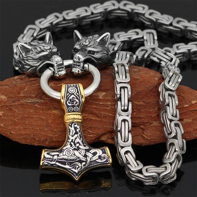 Viking Halsband/Armband | Rostfritt Stål Dubbel Varghuvud & Mjolnir | Nordisk Skydds Smycken (60–90 cm)-Eva Jonsson