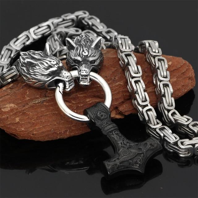 Viking Halsband/Armband | Rostfritt Stål Dubbel Varghuvud & Mjolnir | Nordisk Skydds Smycken (60–90 cm)-Eva Jonsson