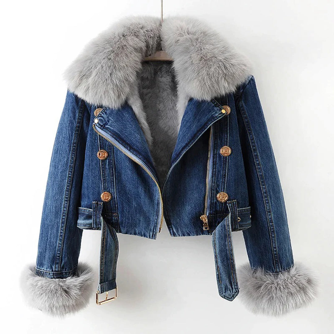 Vinter Denim Jacka | Faux Fur | Zip-Up | Kort Vinterjacka | Vinterjackor Dam-Eva Jonsson