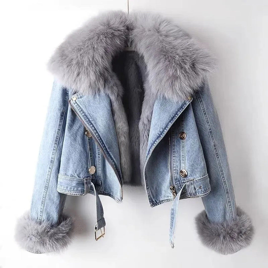 Vinter Denim Jacka | Faux Fur | Zip-Up | Kort Vinterjacka | Vinterjackor Dam-Eva Jonsson