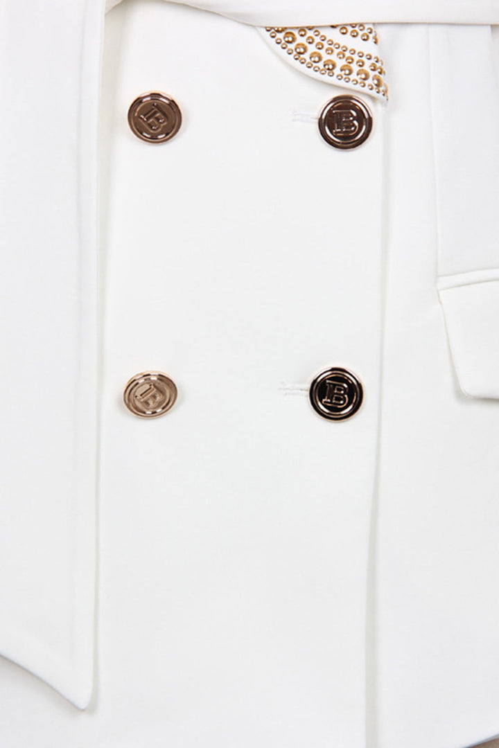 Vit Blazer - Dubbelknäppt - Gyllene detaljer - Bältad Blazer - Damkläder-Eva Jonsson