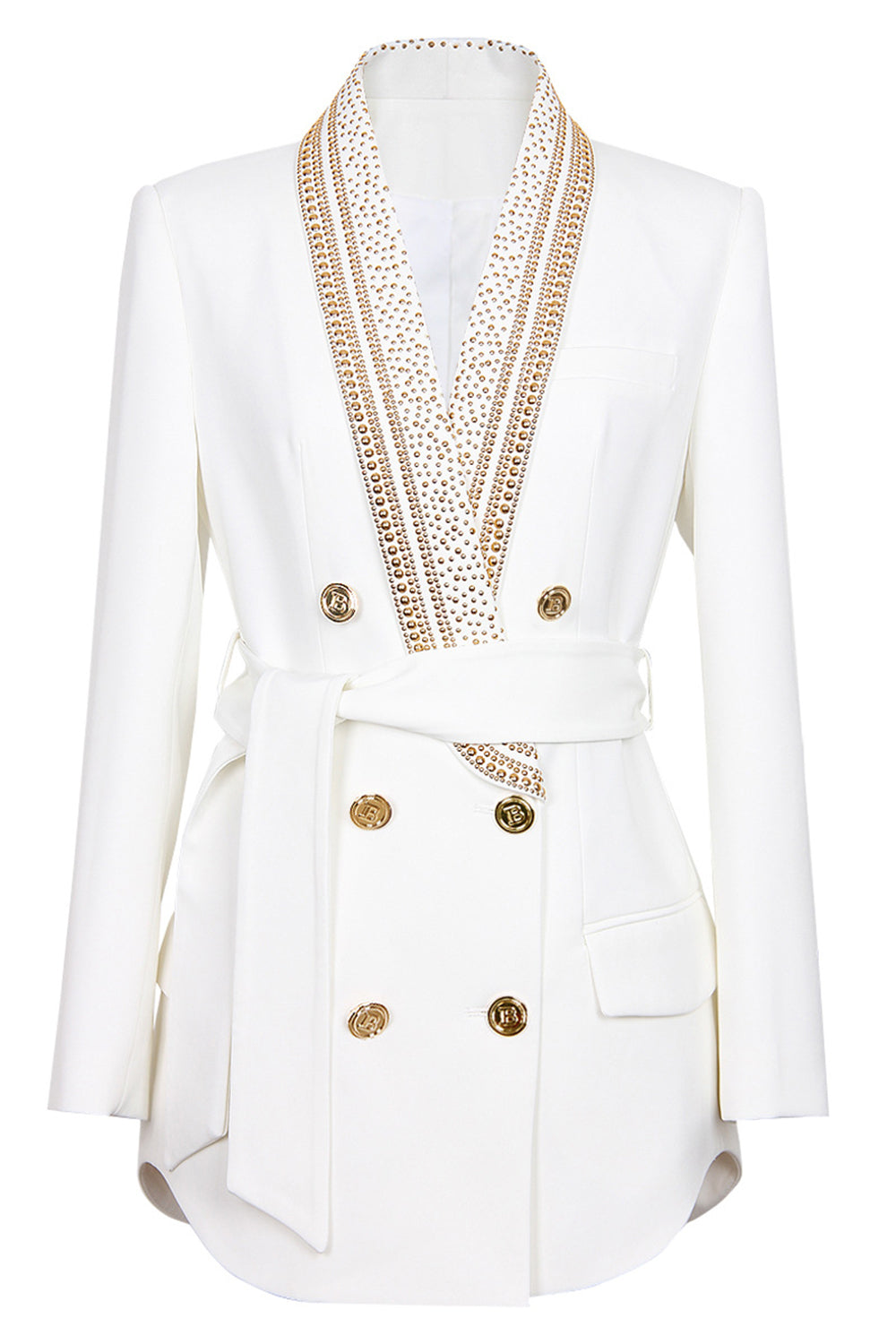 Vit Blazer - Dubbelknäppt - Gyllene detaljer - Bältad Blazer - Damkläder-Eva Jonsson
