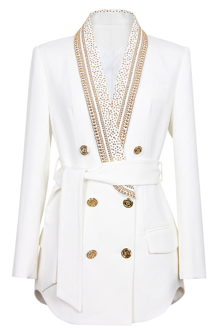 Vit Blazer - Dubbelknäppt - Gyllene detaljer - Bältad Blazer - Damkläder-Eva Jonsson