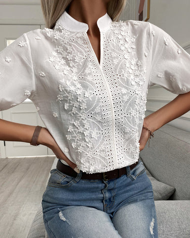 Vit Blus - Elegant kortärmad broderad blus för kvinnor-Eva Jonsson