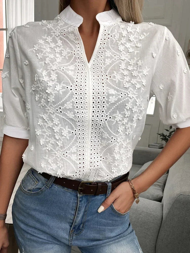 Vit Blus - Elegant kortärmad broderad blus för kvinnor-Eva Jonsson