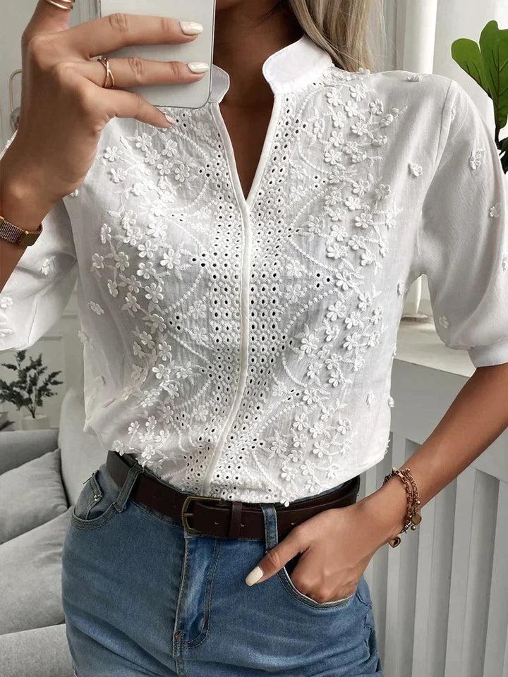 Vit Blus - Elegant kortärmad broderad blus för kvinnor-Eva Jonsson