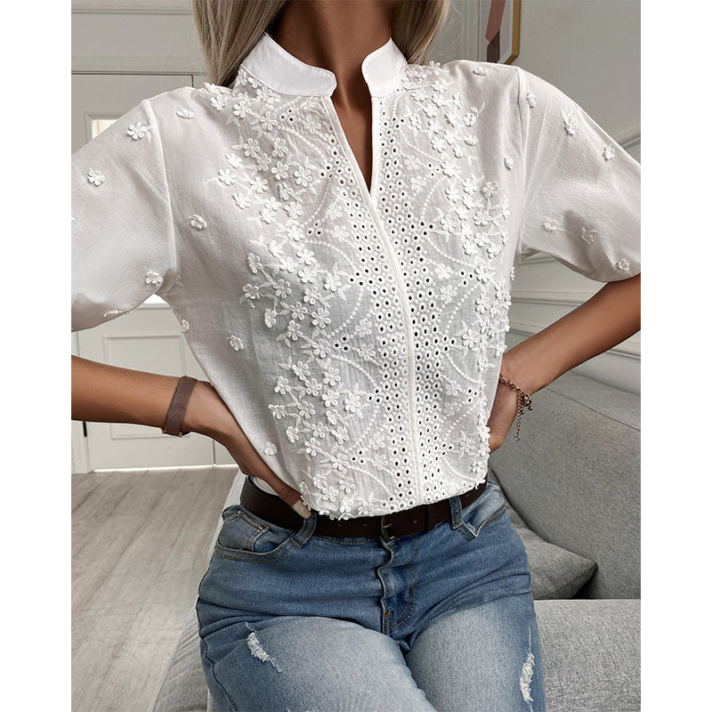 Vit Blus – Kortärmad – hålbroderi – damtoppar för sommaren – damblus-Eva Jonsson