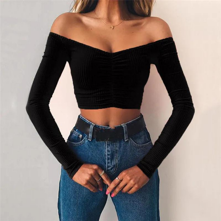 Vivian Blus | Långärmad blus med off-shoulder axelparti-Eva Jonsson