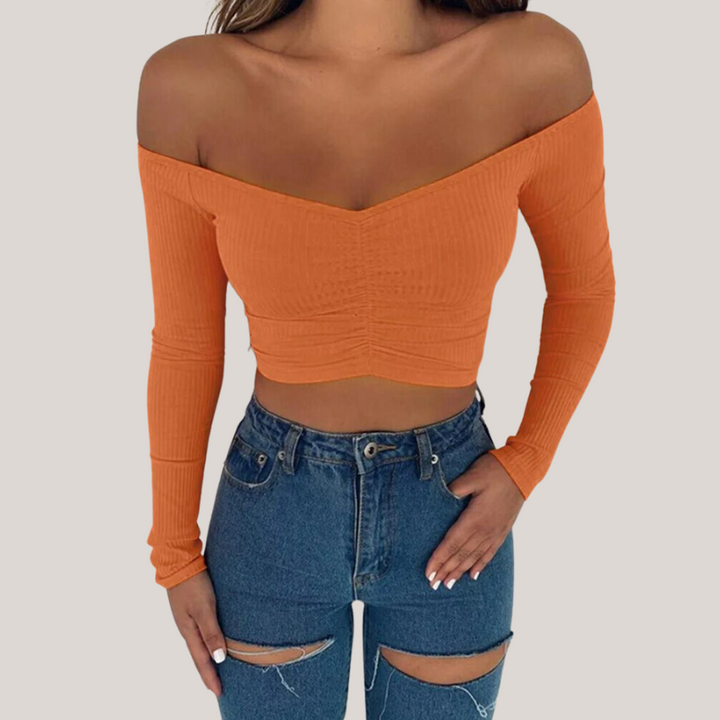 Vivian Blus | Långärmad blus med off-shoulder axelparti-Eva Jonsson