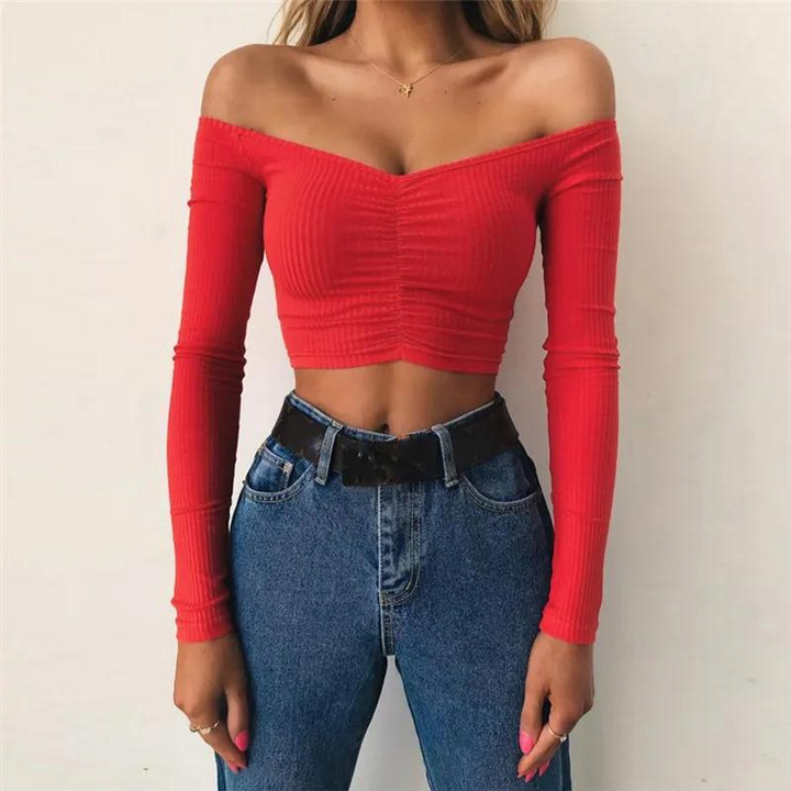 Vivian Blus | Långärmad blus med off-shoulder axelparti-Eva Jonsson