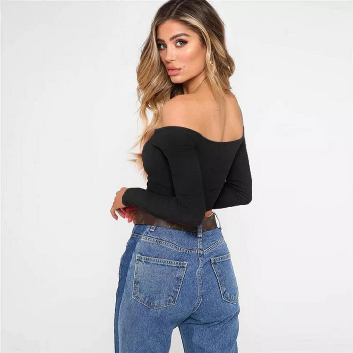Vivian Blus | Långärmad blus med off-shoulder axelparti-Eva Jonsson