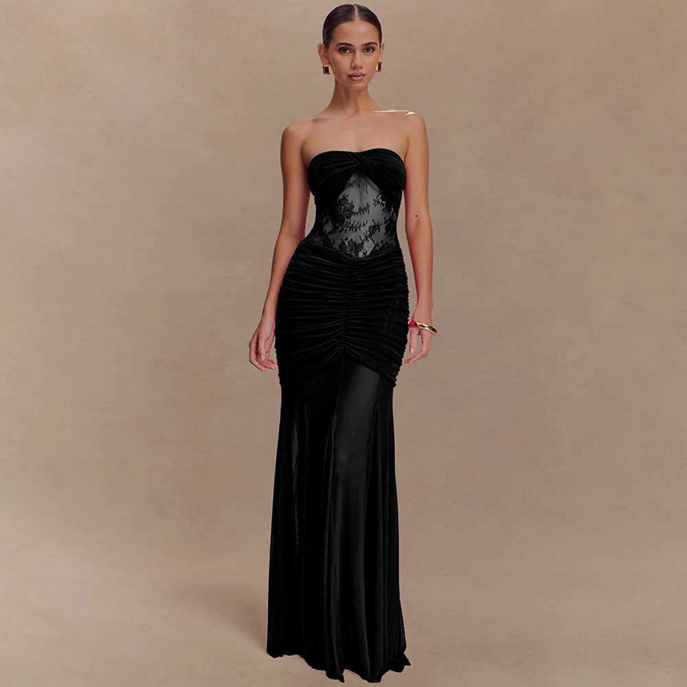 Women Glamorous Evening Dress with Lace Details and Figure-Shaping Ruching Mirla-Eva Jonsson