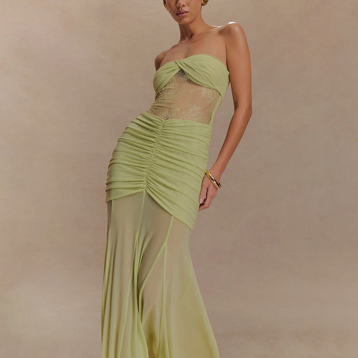 Women Glamorous Evening Dress with Lace Details and Figure-Shaping Ruching Mirla-Eva Jonsson