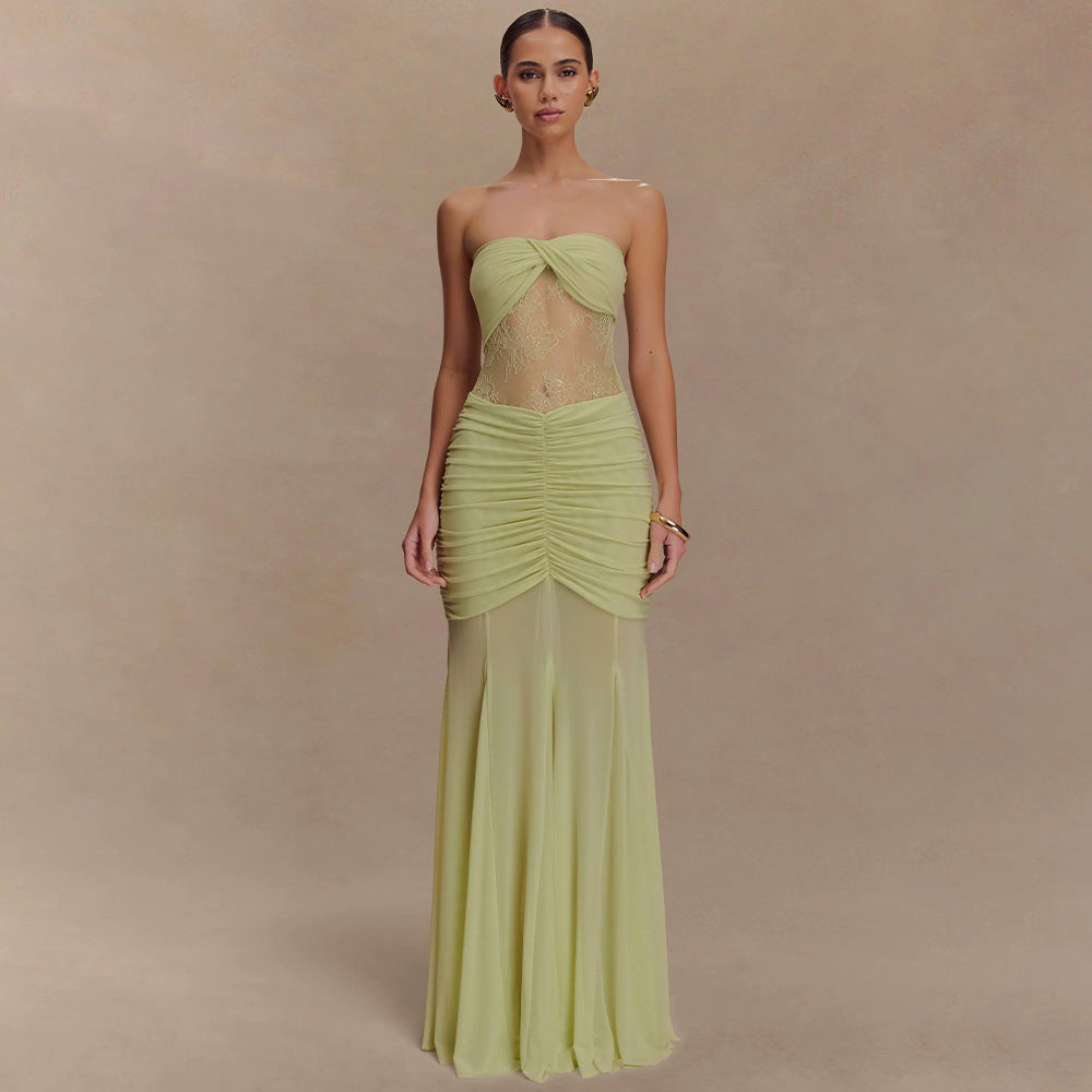 Women Glamorous Evening Dress with Lace Details and Figure-Shaping Ruching Mirla-Eva Jonsson