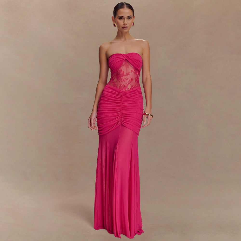 Women Glamorous Evening Dress with Lace Details and Figure-Shaping Ruching Mirla-Eva Jonsson