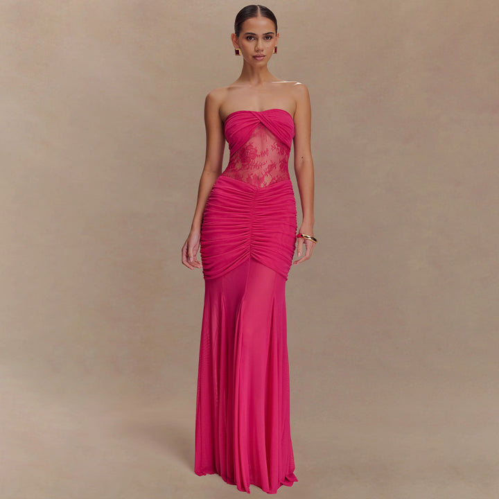 Women Glamorous Evening Dress with Lace Details and Figure-Shaping Ruching Mirla-Eva Jonsson