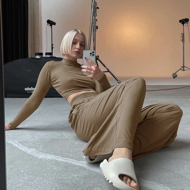 Women Sporty Set of Long Sleeve Top and Elastic High Waist Pants Mirla-Eva Jonsson
