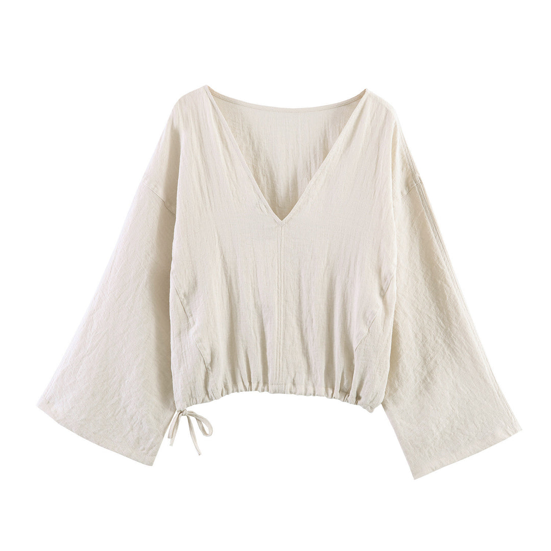 Women casual blouse with wide V-neck and elastic hem Mirla-Eva Jonsson