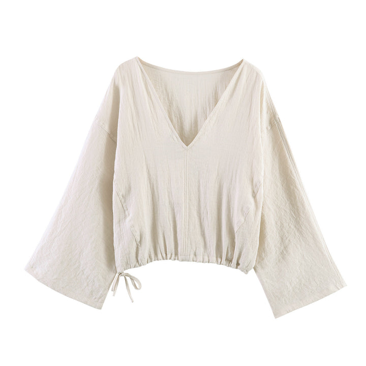 Women casual blouse with wide V-neck and elastic hem Mirla-Eva Jonsson