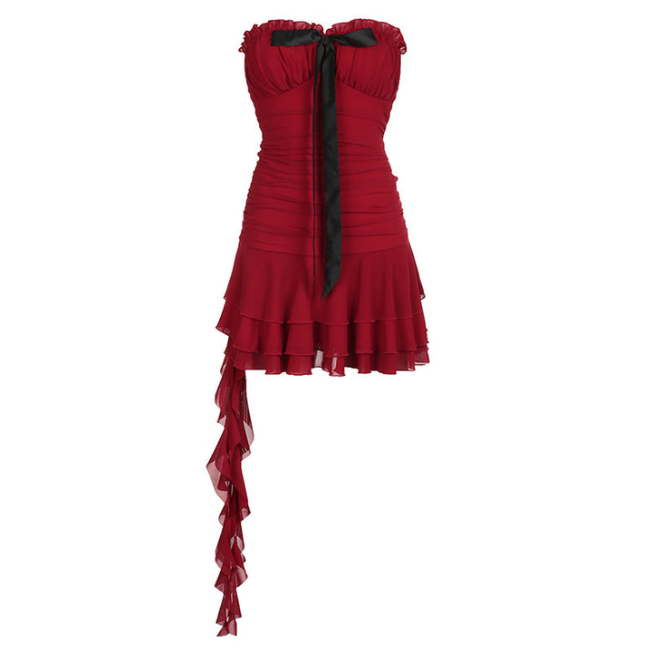 Women elegant wrap dress with voluminous ruffle details and waist belt Mirla-Eva Jonsson